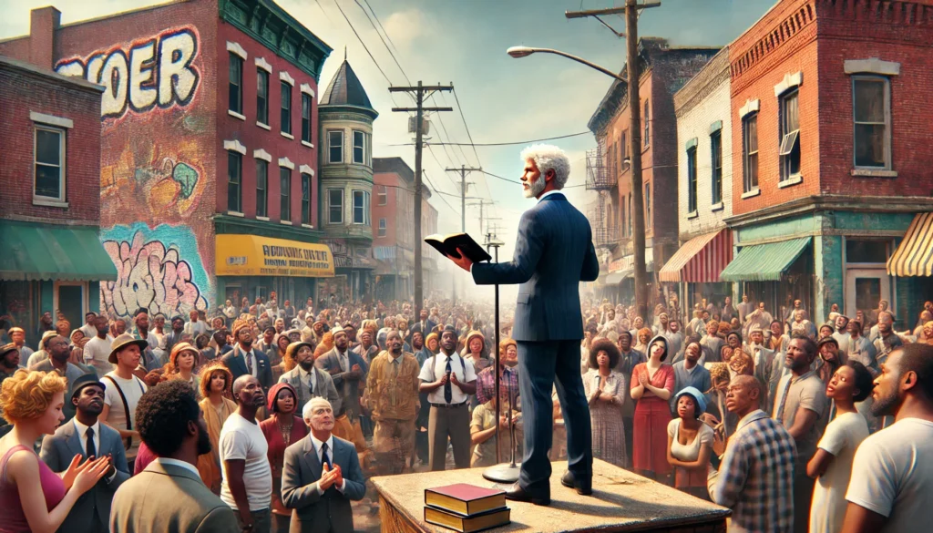 A pastor preaching a Bible-centered sermon from True Words Baptist Church out in the streets of West Louisville, Kentucky.