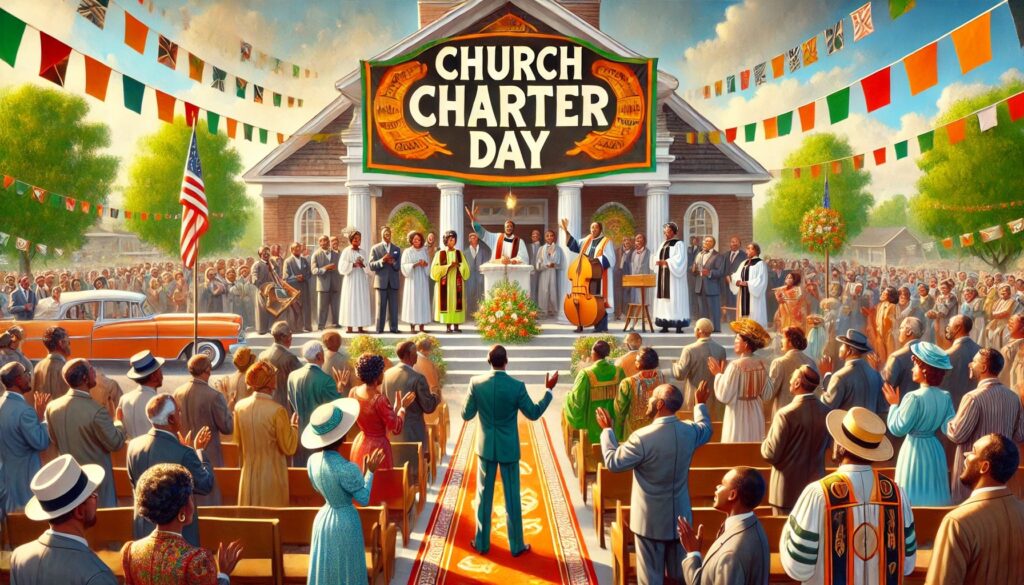 A widescreen image promoting an upcoming 'Church Charter Day' celebration. The scene features a balanced mix of Black and White individuals, making up equal parts of the diverse congregation. They are gathered outside a welcoming church, engaging in fellowship, singing, and prayer. A beautifully designed banner or sign prominently displays 'Church Charter Day' in bold, celebratory lettering. The environment is festive with decorations, warm lighting, and a vibrant color scheme, symbolizing faith, unity, and a new chapter for the church. The image conveys excitement and anticipation, making it perfect for an event announcement.