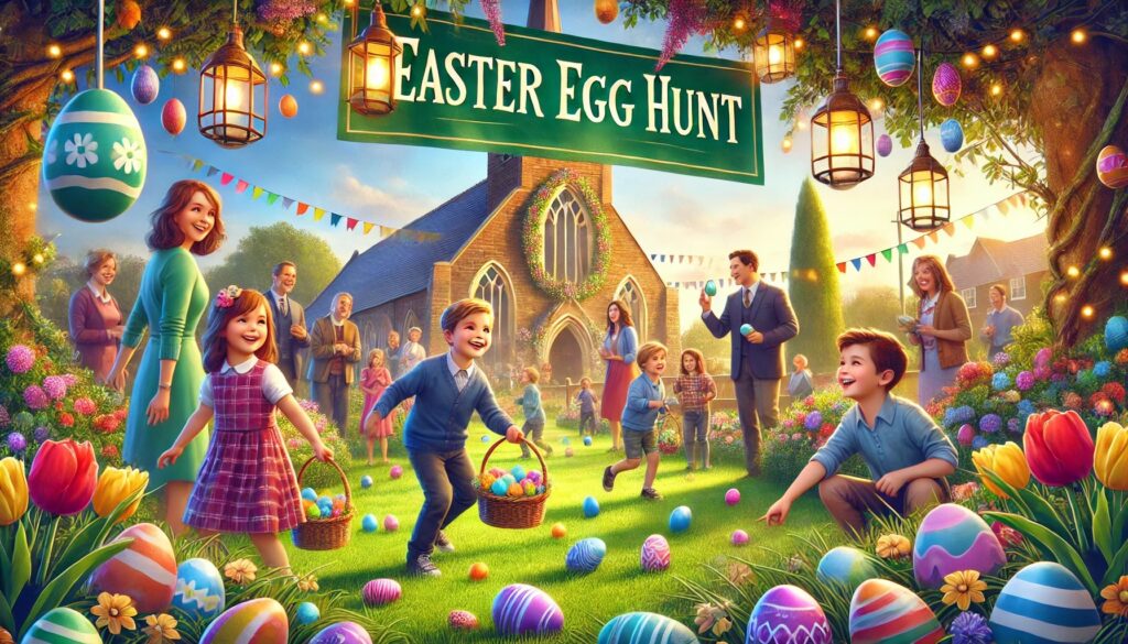 A widescreen image promoting a special Easter announcement featuring an Easter Egg Hunt for children. The scene is filled with joyful children searching for colorful Easter eggs in a bright, welcoming churchyard. Church members and families are gathered, watching with smiles as the children participate. A beautifully designed banner or sign prominently displays 'Easter Egg Hunt' in bold, celebratory lettering. The environment is festive with decorations, warm lighting, and a vibrant color scheme, symbolizing faith, family, and the joy of the Easter season. There are no bunnies in the image, keeping the focus on the church event and the celebration of Easter.